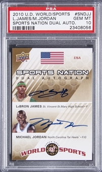 2010-11 Upper Deck World of Sports "Sports Nation Dual Autographs" #SNDJJ Michael Jordan/LeBron James Signed Card (#11/23) - PSA GEM MT 10